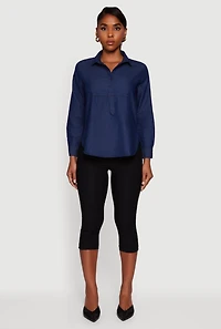 Womens Denim Long Sleeve Half Button Front Blouse, Blue, Size XL