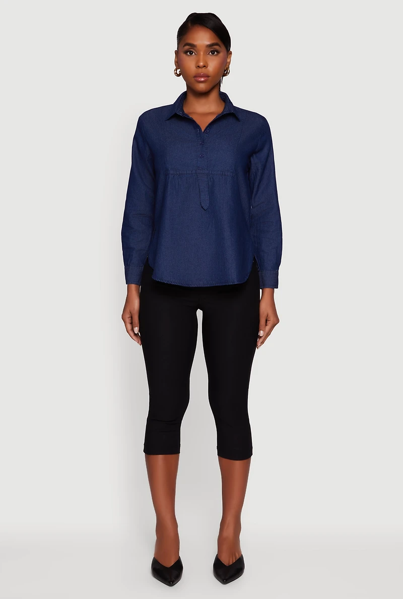 Womens Denim Long Sleeve Half Button Front Blouse, Blue, Size S