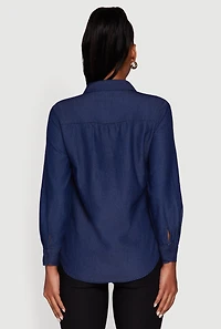 Womens Denim Long Sleeve Half Button Front Blouse, Blue, Size XL