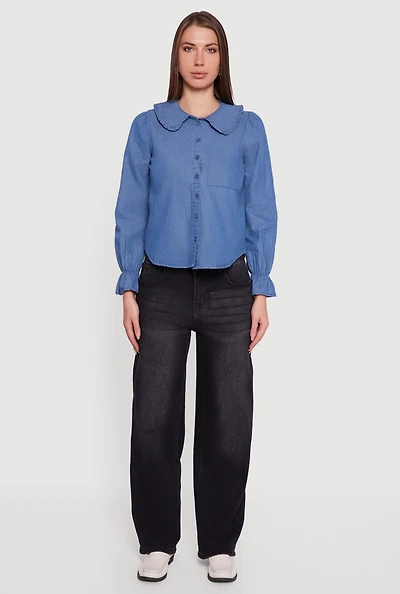 Womens Chambray Button Front Peter Pan Collar Shirt, Blue,