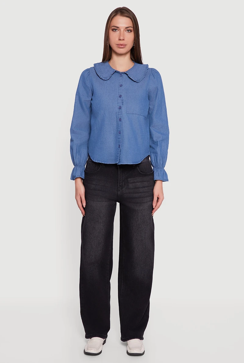 Chambray Button Front Peter Pan Collar Shirt