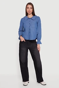 Womens Chambray Button Front Peter Pan Collar Shirt, Blue, Size L