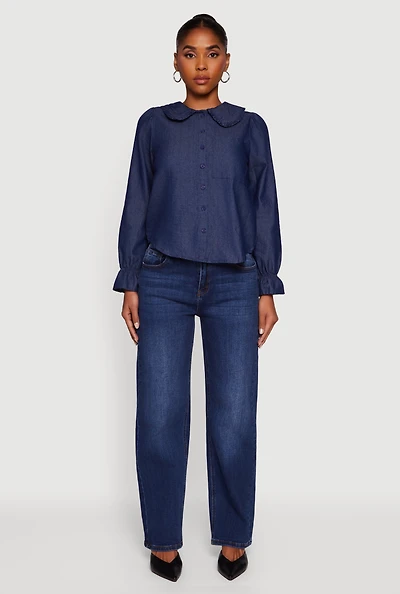 Womens Chambray Button Front Peter Pan Collar Shirt, Blue,