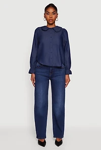 Womens Chambray Button Front Peter Pan Collar Shirt, Blue,