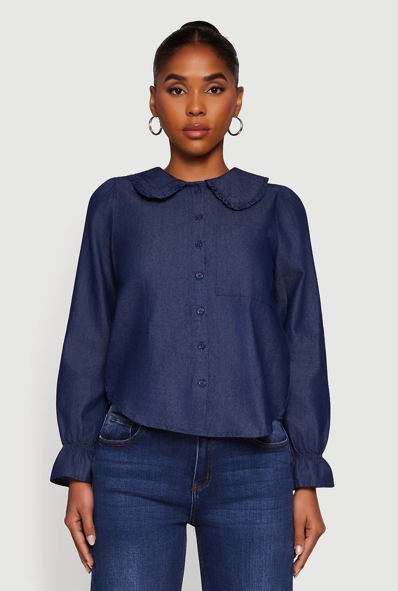 Womens Chambray Button Front Peter Pan Collar Shirt, Blue,
