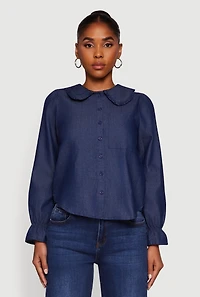 Womens Chambray Button Front Peter Pan Collar Shirt, Blue,