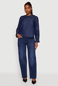 Womens Chambray Button Front Peter Pan Collar Shirt, Blue,