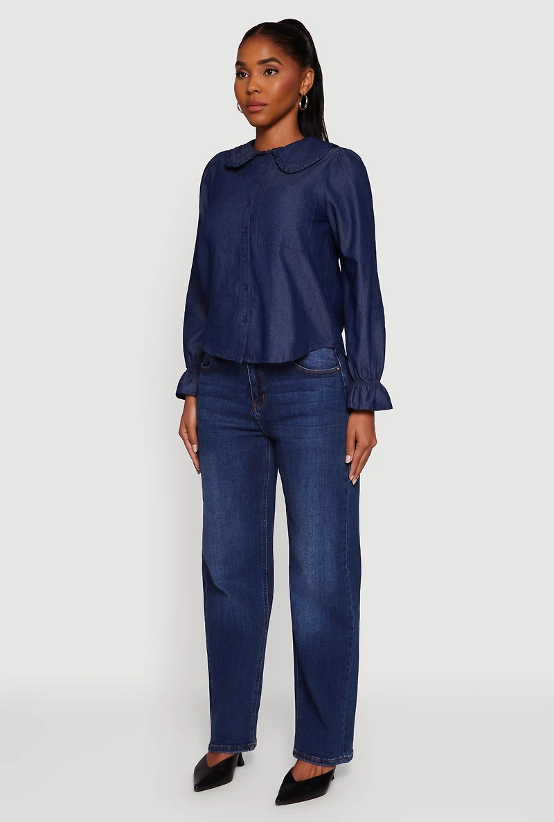 Womens Chambray Button Front Peter Pan Collar Shirt, Blue,