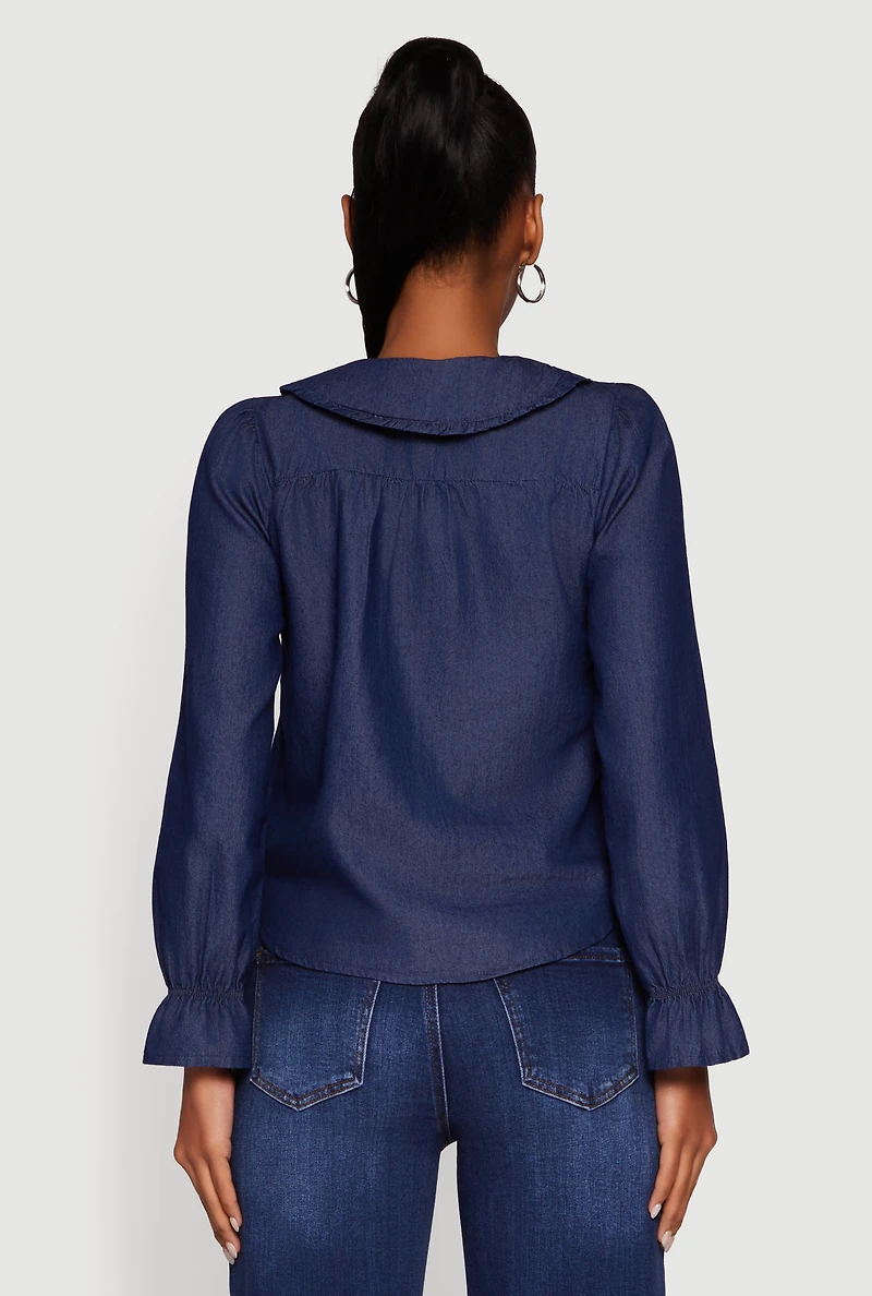 Womens Chambray Button Front Peter Pan Collar Shirt, Blue,