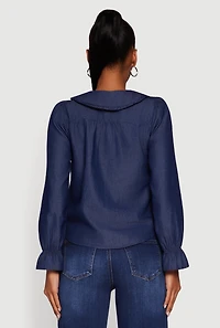 Womens Chambray Button Front Peter Pan Collar Shirt, Blue,