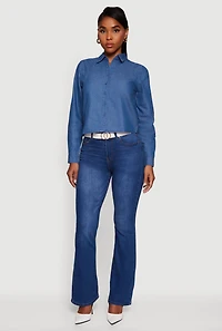 Womens Denim Ruched Long Sleeve Button Front Shirt, Blue,