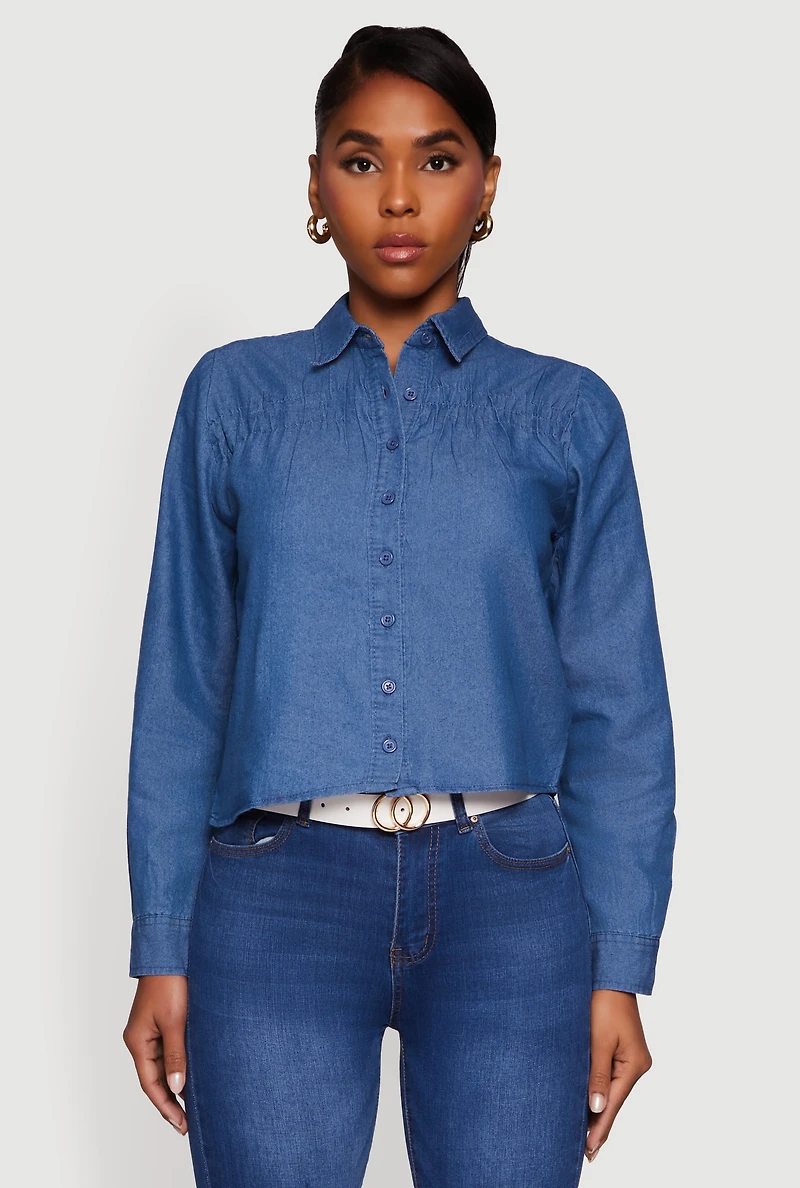 Womens Denim Ruched Long Sleeve Button Front Shirt, Blue,