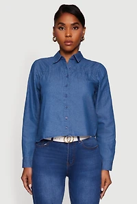 Womens Denim Ruched Long Sleeve Button Front Shirt, Blue,