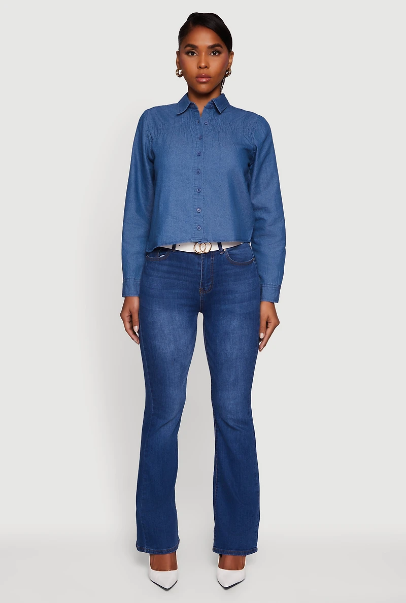 Womens Denim Ruched Long Sleeve Button Front Shirt, Blue,