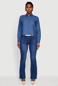 Womens Denim Ruched Long Sleeve Button Front Shirt, Blue,
