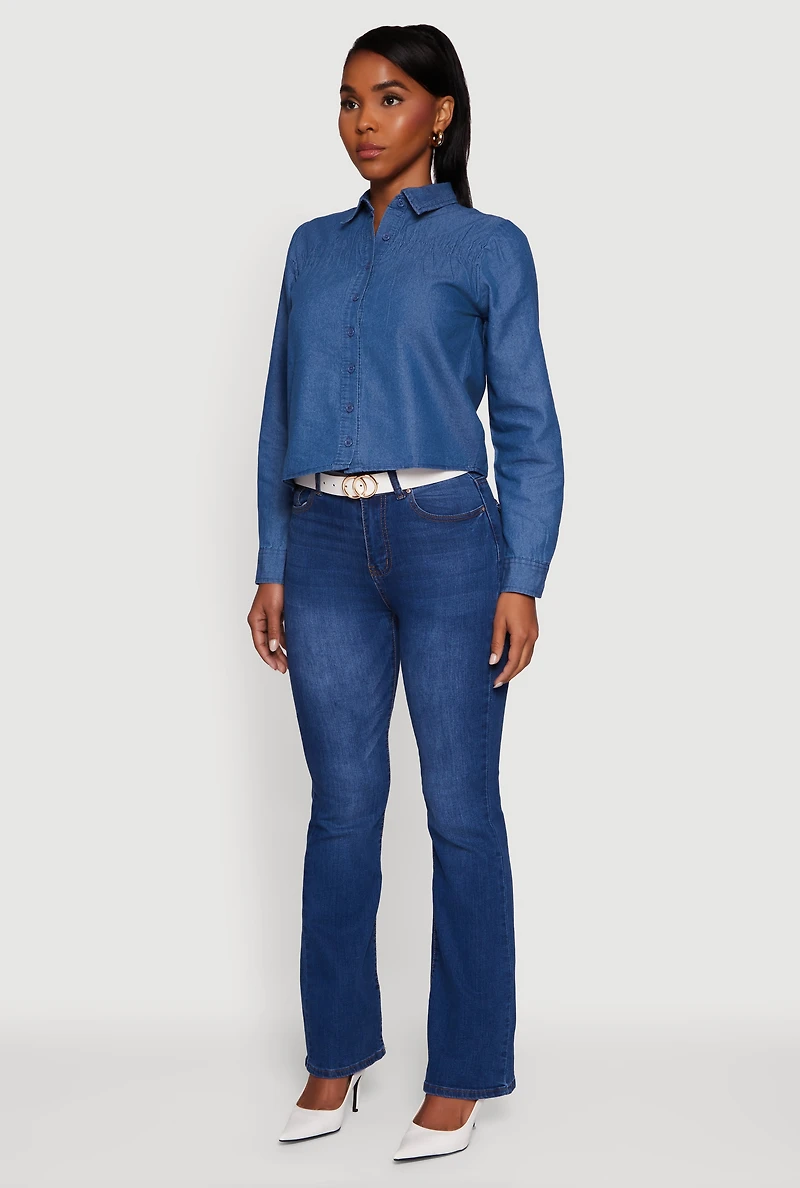 Womens Denim Ruched Long Sleeve Button Front Shirt, Blue,