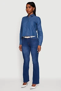 Womens Denim Ruched Long Sleeve Button Front Shirt, Blue,