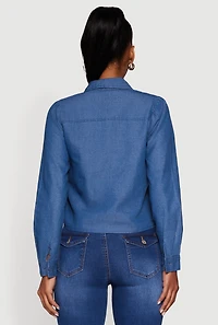Womens Denim Ruched Long Sleeve Button Front Shirt, Blue,