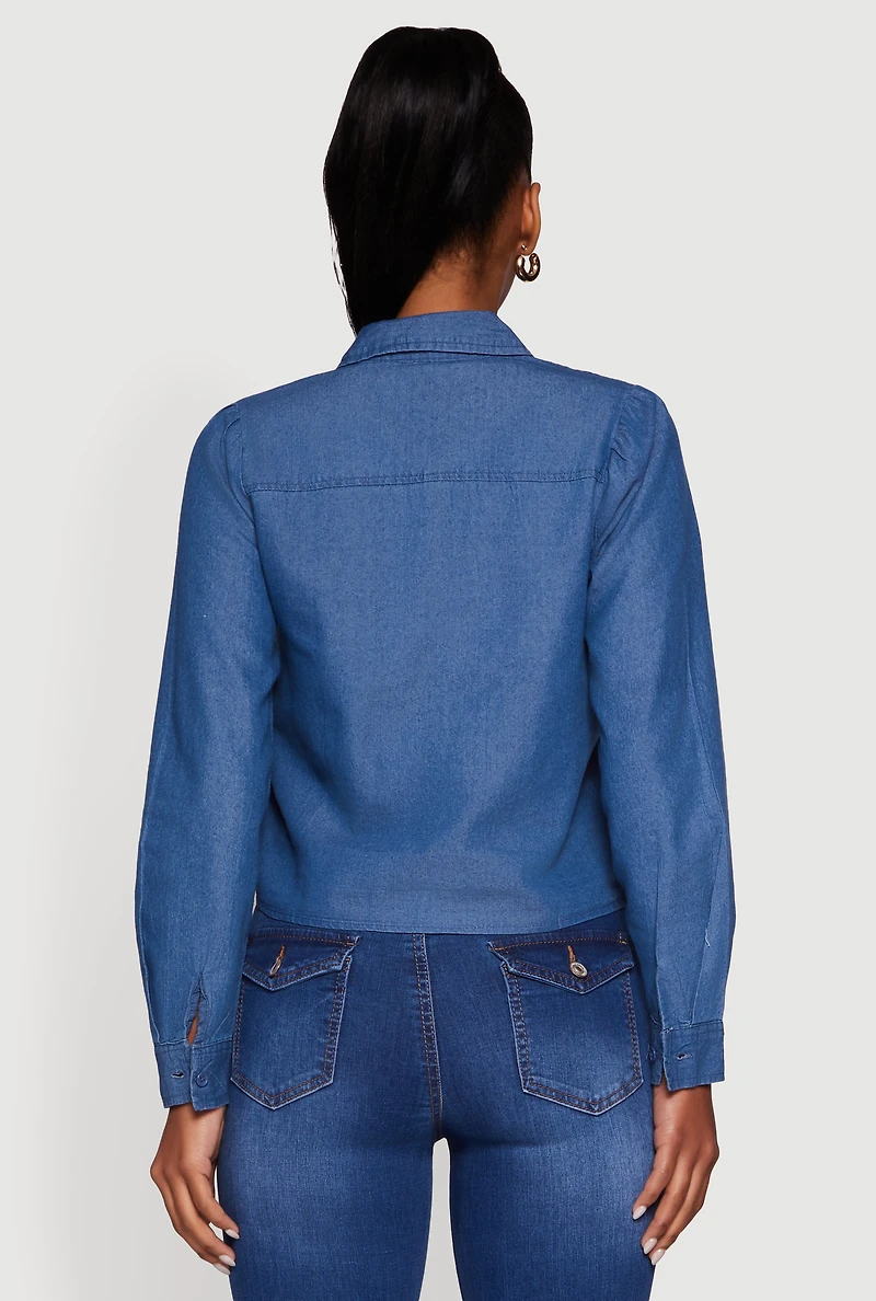 Womens Denim Ruched Long Sleeve Button Front Shirt, Blue, Size L