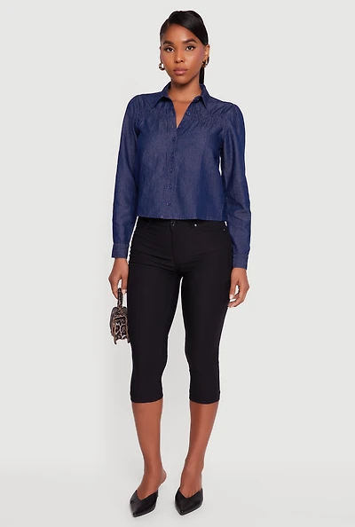 Womens Denim Ruched Long Sleeve Button Front Shirt, Blue, Size M