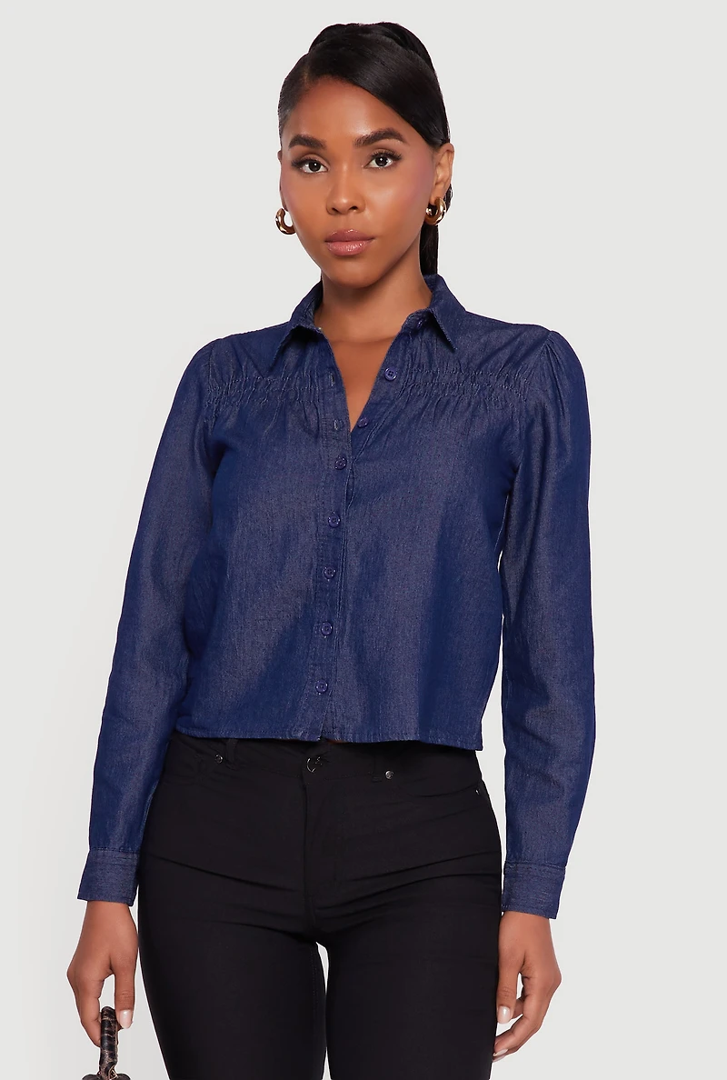 Denim Ruched Long Sleeve Button Front Shirt