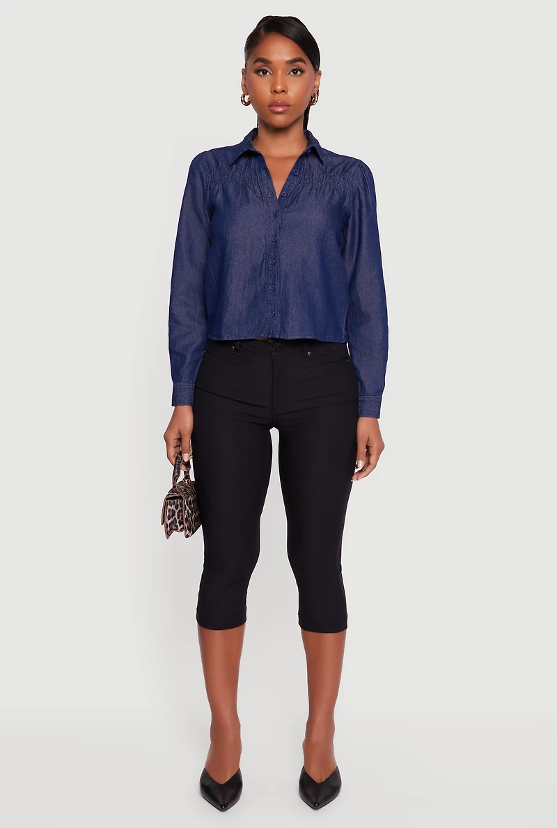 Womens Denim Ruched Long Sleeve Button Front Shirt, Blue, Size M