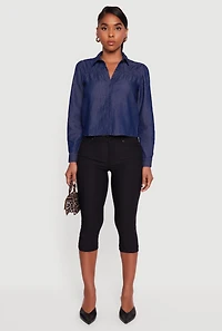 Womens Denim Ruched Long Sleeve Button Front Shirt, Blue, Size M