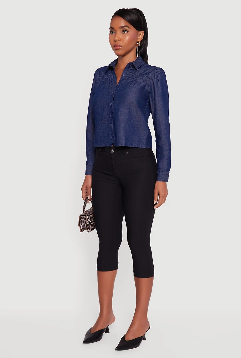 Denim Ruched Long Sleeve Button Front Shirt