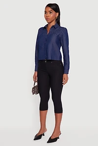 Denim Ruched Long Sleeve Button Front Shirt