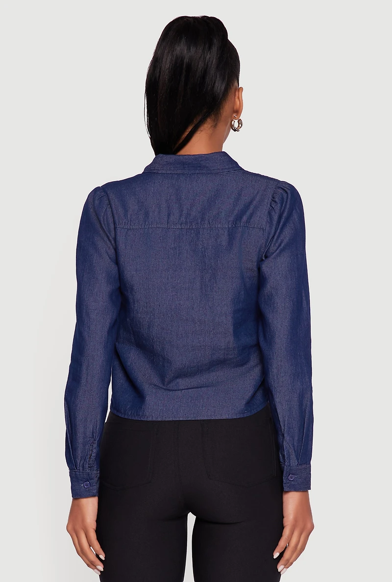 Denim Ruched Long Sleeve Button Front Shirt