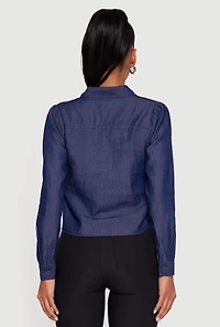 Denim Ruched Long Sleeve Button Front Shirt