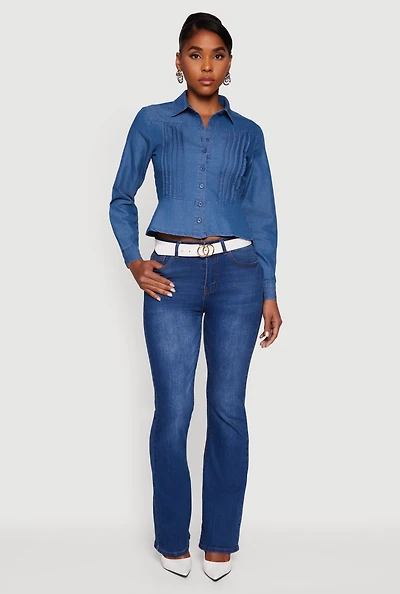 Womens Chambray Peplum Button Front Shirt, Blue,