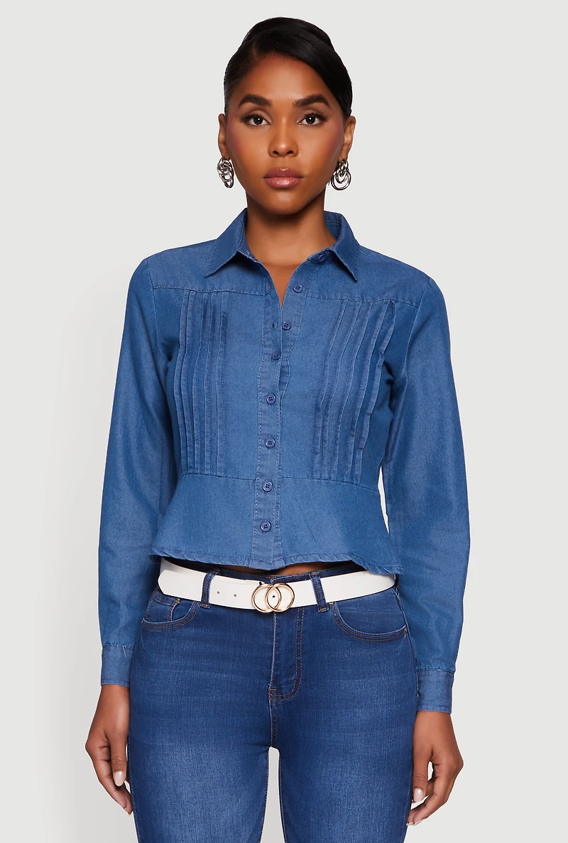 Womens Chambray Peplum Button Front Shirt, Blue, Size L