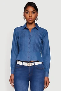 Womens Chambray Peplum Button Front Shirt, Blue, Size L