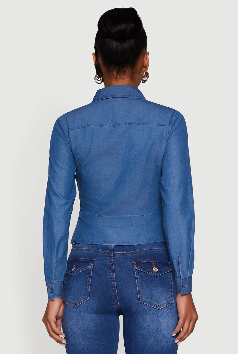 Womens Chambray Peplum Button Front Shirt, Blue, Size L