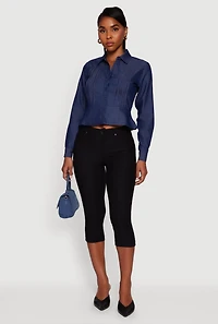 Womens Chambray Peplum Button Front Shirt, Blue,