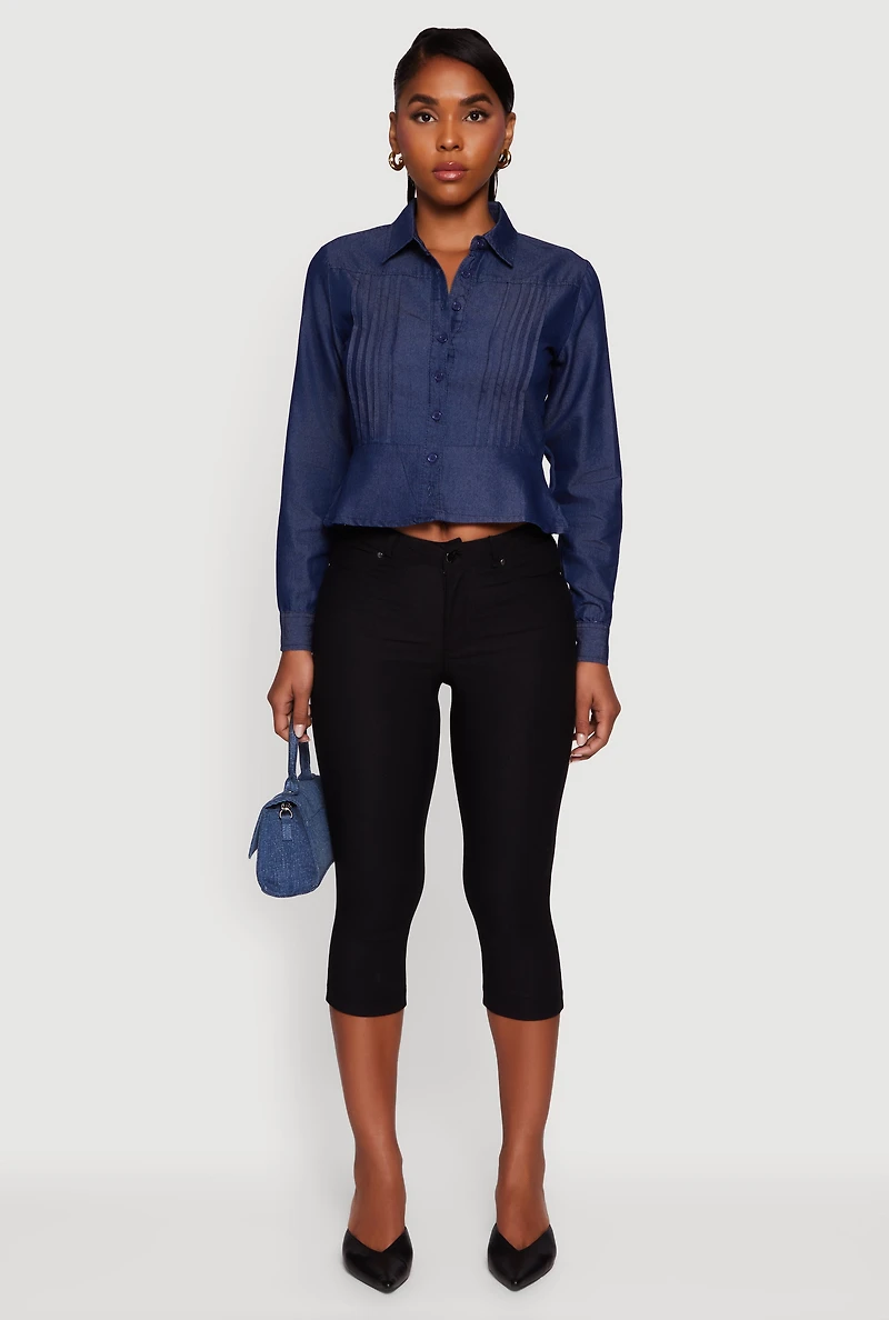 Womens Chambray Peplum Button Front Shirt, Blue,