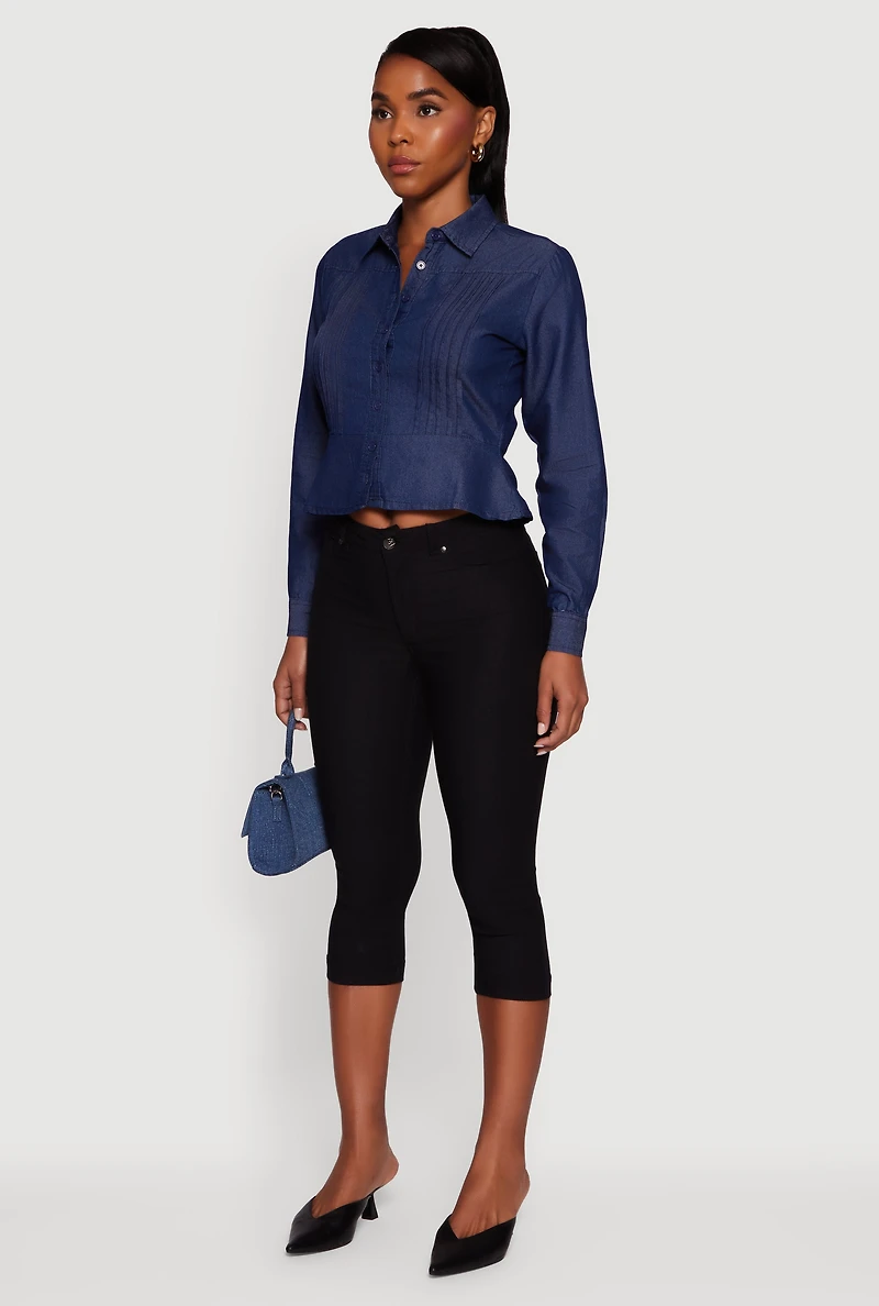 Womens Chambray Peplum Button Front Shirt, Blue,