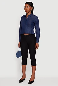 Womens Chambray Peplum Button Front Shirt, Blue,