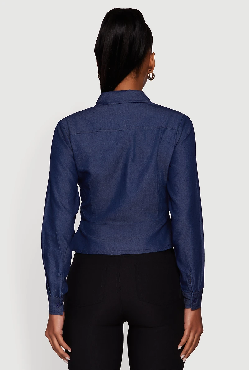 Womens Chambray Peplum Button Front Shirt, Blue,