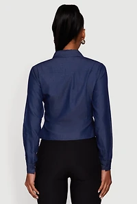 Womens Chambray Peplum Button Front Shirt, Blue,