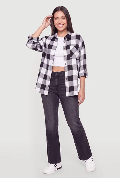 Buffalo Plaid Roll Tab Sleeve Button Front Shirt