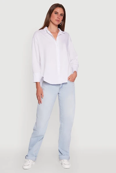 Womens Classic Fit Button Front Long Sleeve Shirt, White, Size L