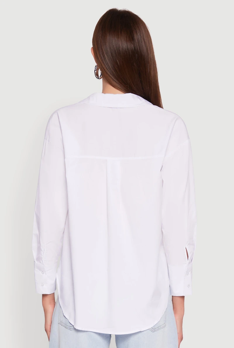 Womens Classic Fit Button Front Long Sleeve Shirt, White,