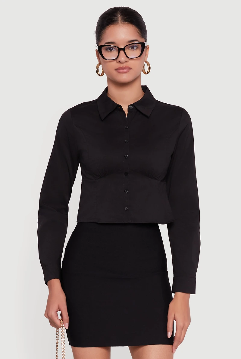 Poplin Cropped Long Sleeve Button Front Shirt