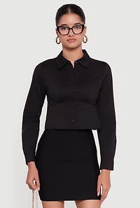 Poplin Cropped Long Sleeve Button Front Shirt