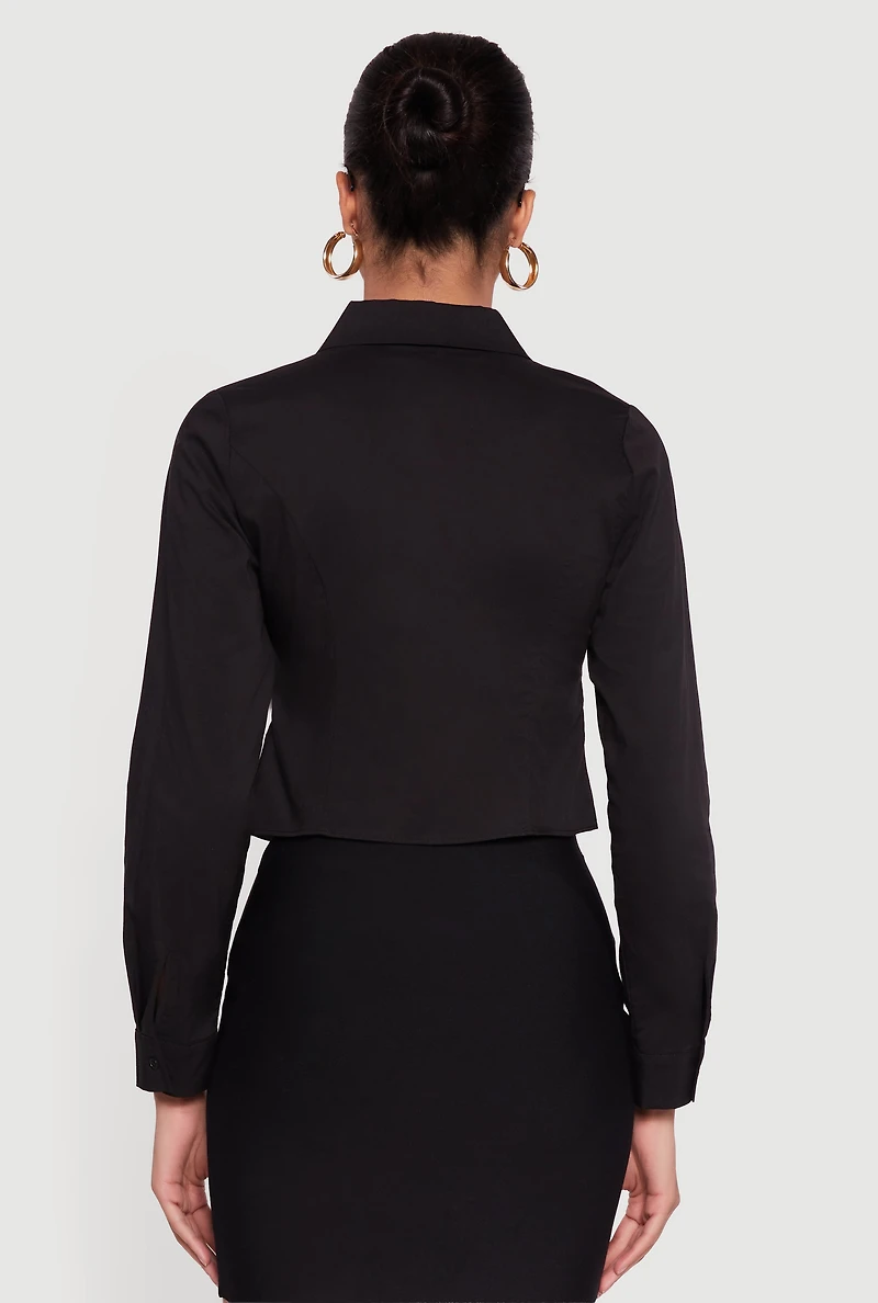 Poplin Cropped Long Sleeve Button Front Shirt