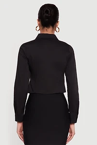 Poplin Cropped Long Sleeve Button Front Shirt