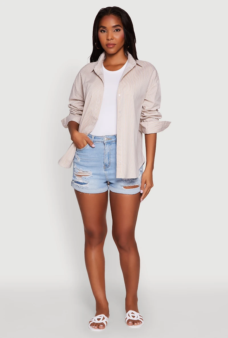 Pinstripe Button Front Long Sleeve Shirt