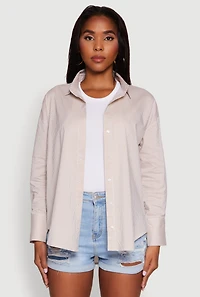 Womens Pinstripe Button Front Long Sleeve Shirt, Beige, Size L